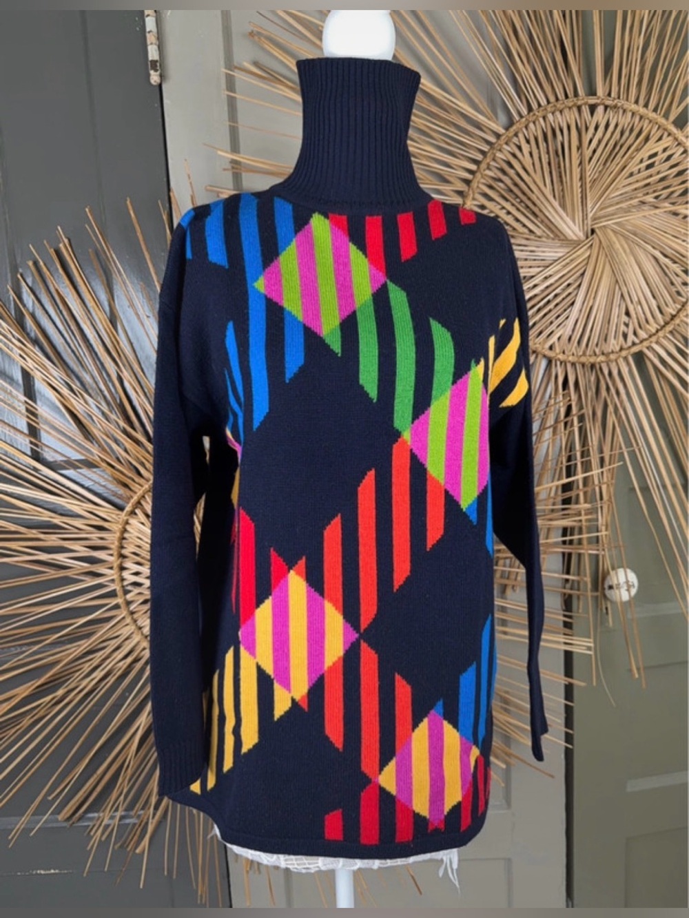 Liz Claiborne Vintage 100% Merino Wool Abstract Turtleneck Sweater Large